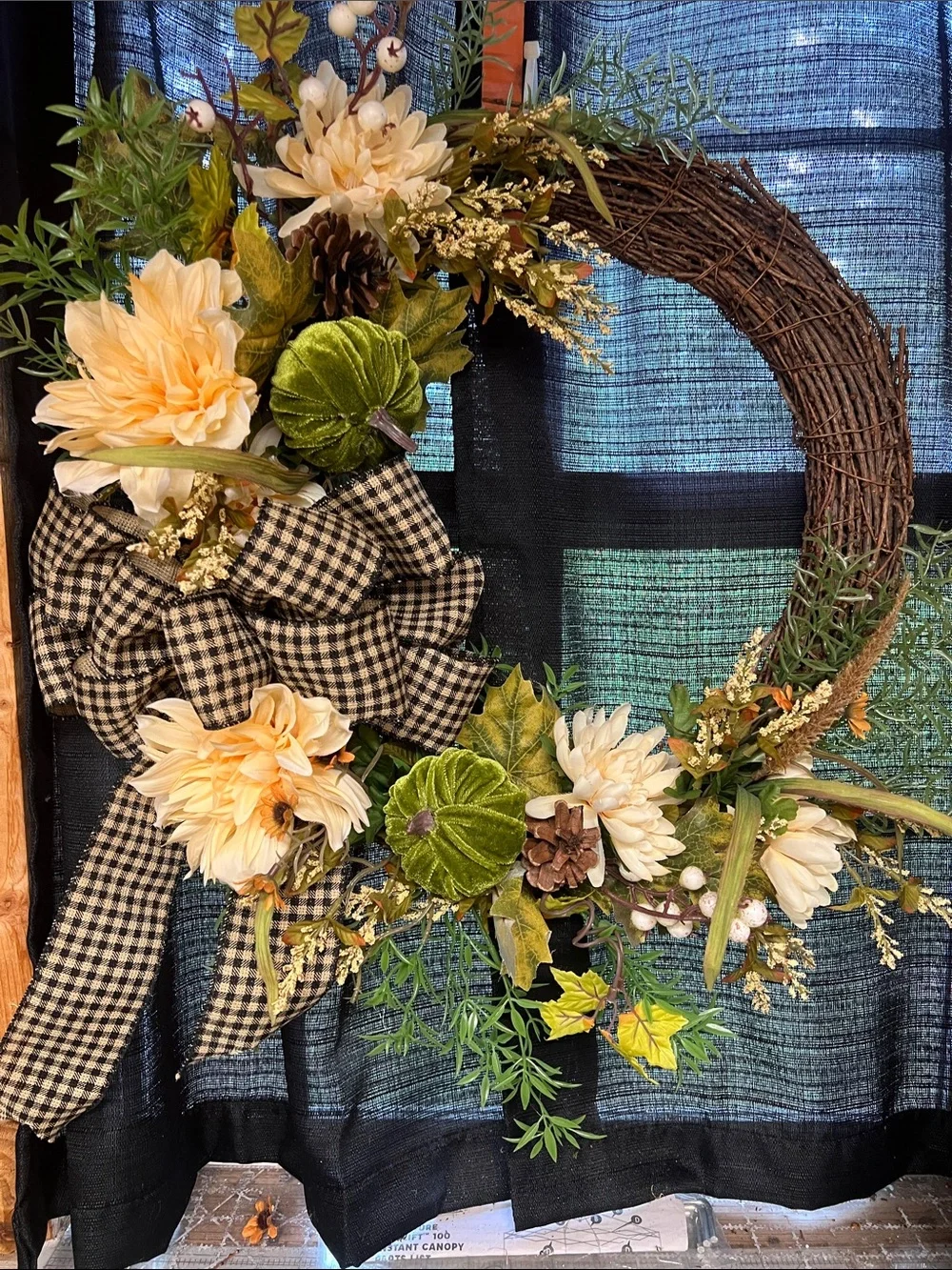 Handcrafted Cream Floral Grapevine Wreath with Green Accents